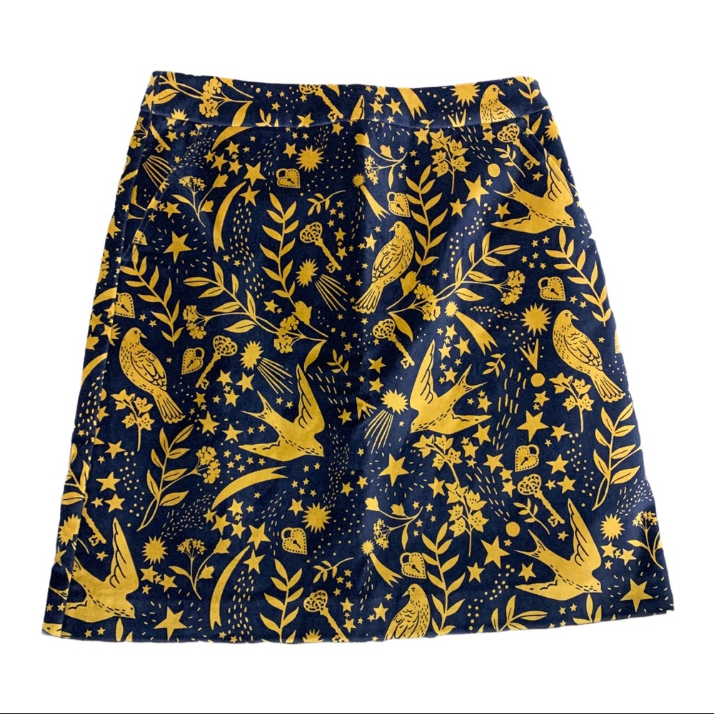 Boden Velvet Mini A Line Skirt Gold Sparrow Print